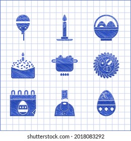 Ei in heißen Topf, Priester, Risse, Osterweide Nest, Kalender mit, Kuchen und Kerze, Korbweiden Ostereier und Balloons Bandsymbol. Vektorgrafik