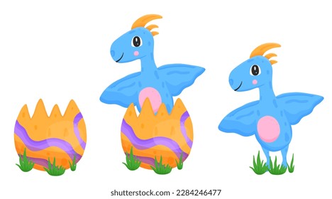 Set with egg and newborn flying dinosaur in cartoon style