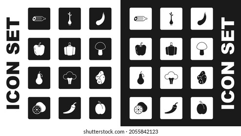 Set Eggplant, Bell pepper, Apple, Fresh cucumber, Mushroom, green onions, Potato and Pear icon. Vector