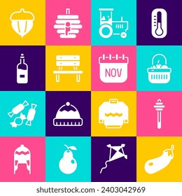 Set Eggplant, Honey dipper stick, Basket and food, Tractor, Bench, Bottle of wine, Acorn y Noviembre calendario Icono otoño. Vector