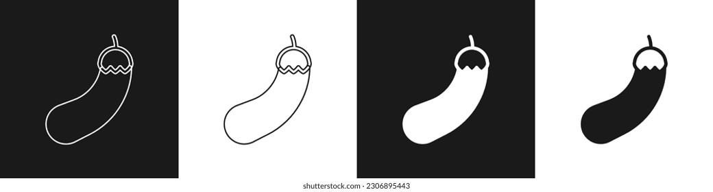 Ajuste el icono de berenjena aislado en fondo blanco y negro.  Vector