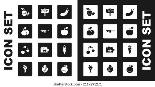 Set Eggplant, Knife, Mango fruit, Healthy, Apple, Location farm, Carrot and Cherry icon. Vector