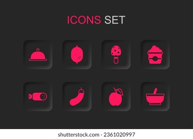 Set Eggplant, Lemon, Covered with tray of food, Plum fruit, Popcorn in cardboard box, Mortar and pestle, Fly agaric mushroom and Salami sausage icon. Vector