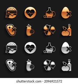 Set Eggplant, No egg, Apple cider vinegar in bottle, Acorn, meat, Bottle of olive oil, Vegan food diet and Heart rate icon. Vector