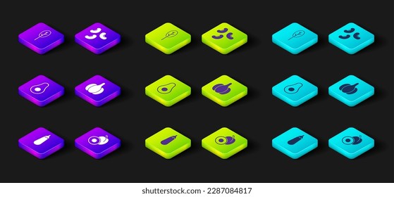 Set Eggplant, Plum fruit, Avocado, Garlic, Beans and Spinach icon. Vector