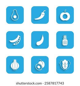 Set Eggplant, Plum fruit, Cabbage, Pineapple, Onion, Green peas, Peach and Avocado icon. Vector