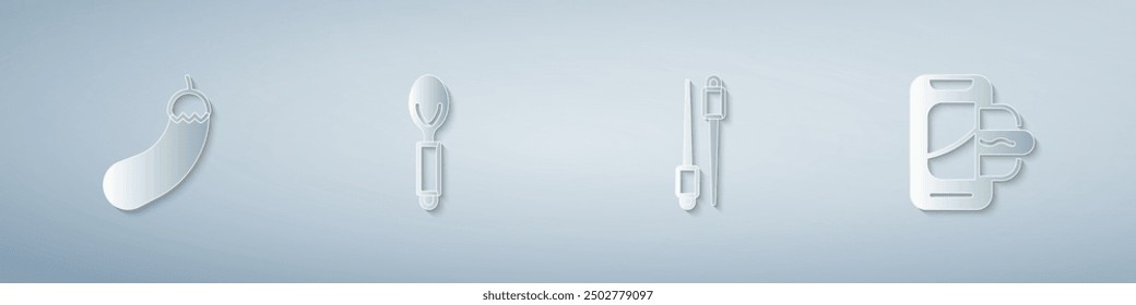 Set Eggplant, Spoon, Food chopsticks and ordering mobile. Paper art style. Vector