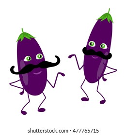 Set of eggplants cartoon characters with mustaches.
