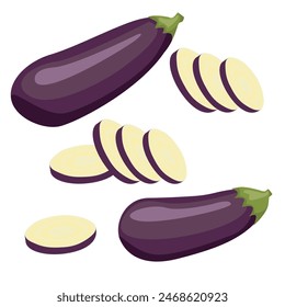 Icono de berenjenas, entero y rebanadas. Ilustración vegetal para el menú del mercado agrícola. Elemento gráfico para tela, textil, ropa, papel de embalaje, Fondo de pantalla, póster.Ilustración vectorial.