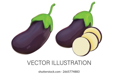 Set von Auberginen - Ganze und halbe Scheibe 3D-Clipart auf weißem Hintergrund