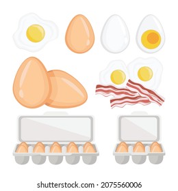 Ponga huevos. Huevos de pollo asados, fritos y marrones crudos. Ilustración vectorial aislada en un fondo blanco para el diseño y la web.