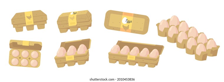 Set of Eggs in Carton Closed and Open Boxes, Farmer Production, Organic Farm Food Design Elements, Icons for Market Place, Store or Shop. Poultry Production, Agriculture. Cartoon Vector Illustration