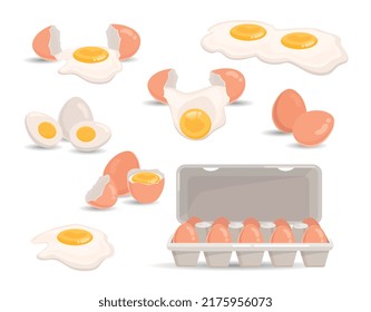 Set of eggs. Collection of different dishes and whole and broken egg shapes. Natural and fresh organic products. Yolk and protein. Cartoon flat vector illustrations isolated on white background