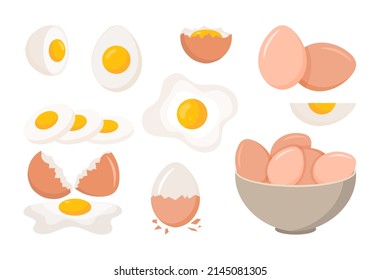 Set of eggs. Collection of stickers for social networks, stages of cooking. Natural and organic products. Meal and dishes, protein. Cartoon flat vector illustrations isolated on white background