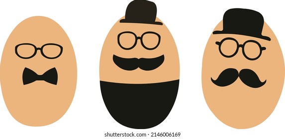 Set Of Eggs Decorated With A Mustache, Hat, And Glasses, Easter Icons