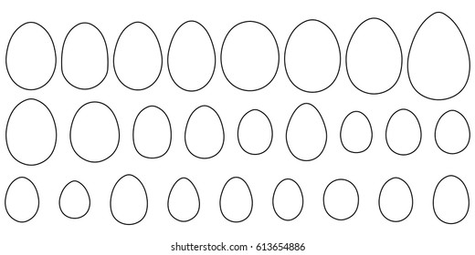 Set of eggs of different birds and reptiles, vector contours and shape of the egg for coloring for Easter