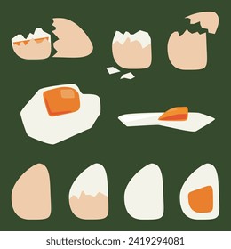 Set of eggs in different positions. Healthy food ingredients. Stylized illustration. Simplifying the shape. Vector