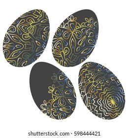 Set of Eggs for Easter Decor. Bright Golden Ornament on Eggs in Orient Style