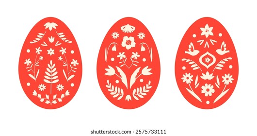 Set of eggs for Easter in folk style. Vector flat design. Floral ornament