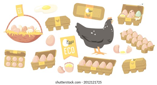 Set of Eggs Farmer Production, Organic Farm Food Design Elements, Icons for Market Place, Store or Shop. Poultry Production, Agriculture, Chicken and Eggs in Box or Basket. Cartoon Vector Illustration