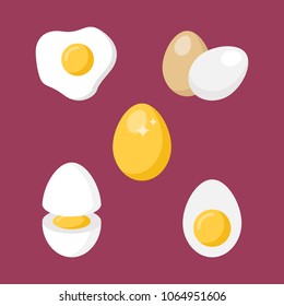 Set of eggs flat icons isolated on purple background. Collection of Simple different eggs sign symbols in flat style. Breakfast elements Vector illustration for web and mobile design.