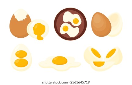 Set of Eggs Flat Illustration. Organic Farm Eggs in Different Forms. Cooked Eggs, Boiled, Fried, Raw and Pan Eggs Collection