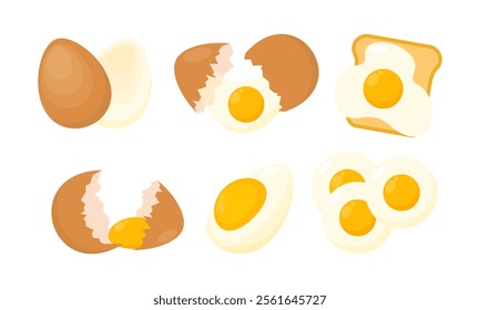 Set of Eggs Flat Illustration. Organic Farm Eggs in Different Forms. Cooked Eggs, Boiled, Fried, Raw and Pan Eggs Collection