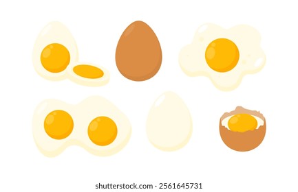 Set of Eggs Flat Illustration. Organic Farm Eggs in Different Forms. Cooked Eggs, Boiled, Fried, Raw and Pan Eggs Collection