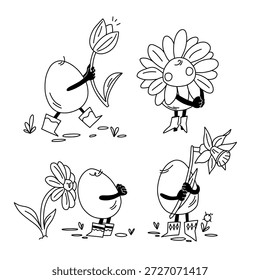 Un conjunto de huevos en botas de flores, el huevo se viste como una flor, lleva un tulipán y un narciso como regalo, y huele a manzanilla. Personajes de huevo caprichosos disfrutando de flores de primavera