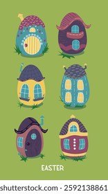 A set of eggs in the form of houses with different windows, doors, roofs, Greeting card, banner,vector isolated illustration