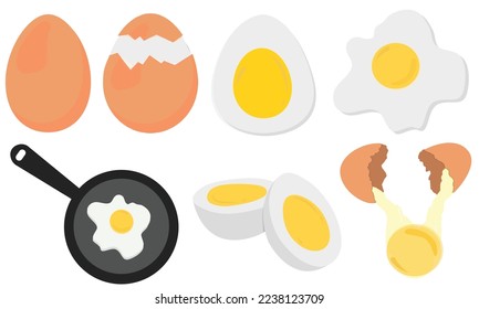 Set of Eggs, fried egg,boiled eggs, Fresh and boiled eggs, Cartoon broken eggs with cracked eggshell
