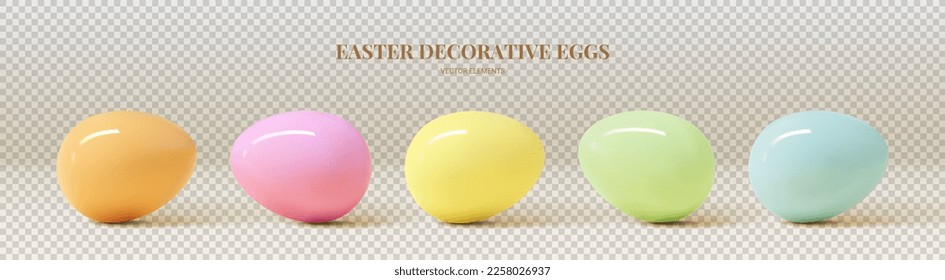 Set of eggs isolated on checkered background. Realistic 3d colorful eggs. Vector illustration with 3d decorative objects for Easter design. Spring holiday symbols.