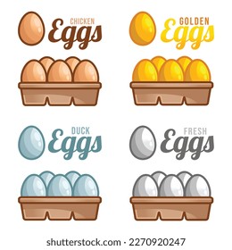 Juego de huevos, aislado en un fondo blanco. Plantilla de colección de ilustraciones de diseño plano 3d de dibujos animados. Fresco, pato, pollo, huevo dorado en el embalaje de la bandeja de dibujos animados.