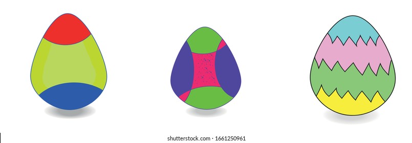 Set of eggs of light blue, pink, green and yellow colors with abstract design. Easter egg. Happy Easter. Drawing, vector in eps 8 format