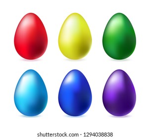 Set of eggs with light shadow for Easter day greeting card. Different realistic colored shine decorated eggs. Invitation template, promotion, poster, flyer, web. Vector isolated on white background. 