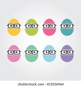 Set of Eggs with nerd glasses icons flat style. 