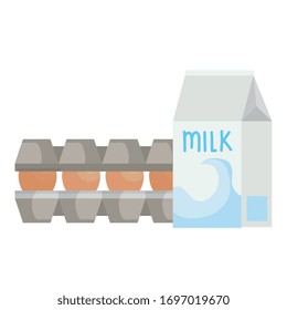set eggs in package cardboard with bottle milk vector illustration design