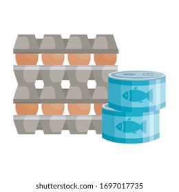 set eggs in package cardboard with can tuna foods vector illustration design