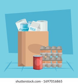poner huevos en cartón envasado con alimentos en lata y en papel de bolsa diseño de ilustración vectorial