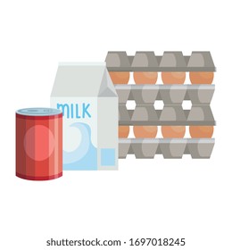 set eggs in package cardboard with food in can and box milk vector illustration design