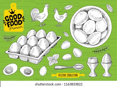 Set of eggs, plate, han, cock, egg tray. Raw eggs, breakfast, spoon, sketch style, white background. Good food premium market, logo design, shop. Hand drawn vector illustration.