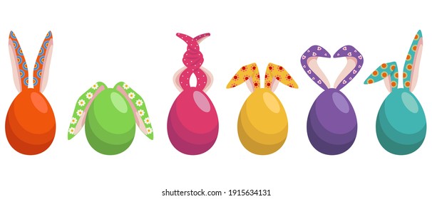 Set of eggs with rabbit ears. Easter symbols in cartoon style