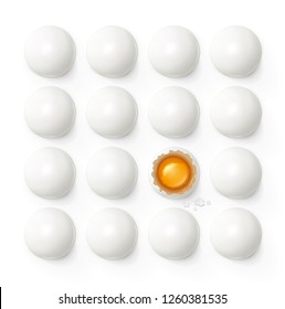 Set of eggs with yolk and shell. Product for cooking breakfast. Egg tray. Organic food. Top view realistic raw natural foodstuff. Isolated On white background. EPS10 vector illustration.