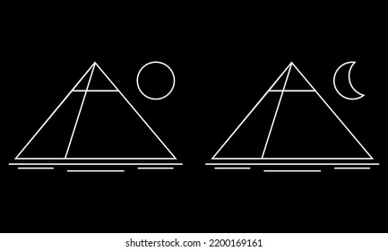 Set egypt ancient pyramid of giza are egyptian pharaoh tomb with sun and moon on black background outline vector black icon design.