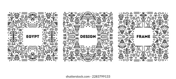 Set of Egypt cover templates, decorative african borders, geometric ethnic frames. Black and white art decoration shapes set. African collection