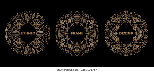 Set of Egypt cover templates, decorative african borders, round ethnic frames. Bright orange and black art decoration shapes set. African collection