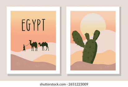 Set of Egypt decorations from abstract landscapes with a cactus , desert and camels
