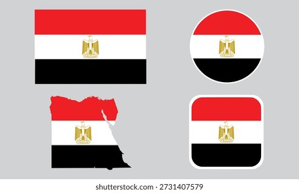 A set of Egypt flag icons. A set of flags in square, rectangular, round and map shapes. Flag icons.