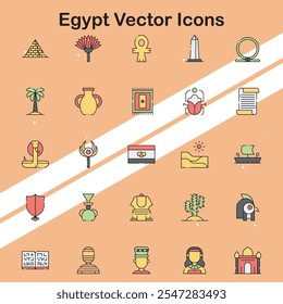 Set of Egypt icons depicting cultural symbols and landmarks ideal for travel and history themes.