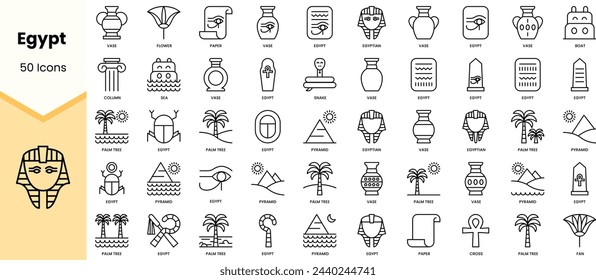 Conjunto de iconos de Egipto. Paquete de iconos de estilo de arte de línea simple. Ilustración de vector